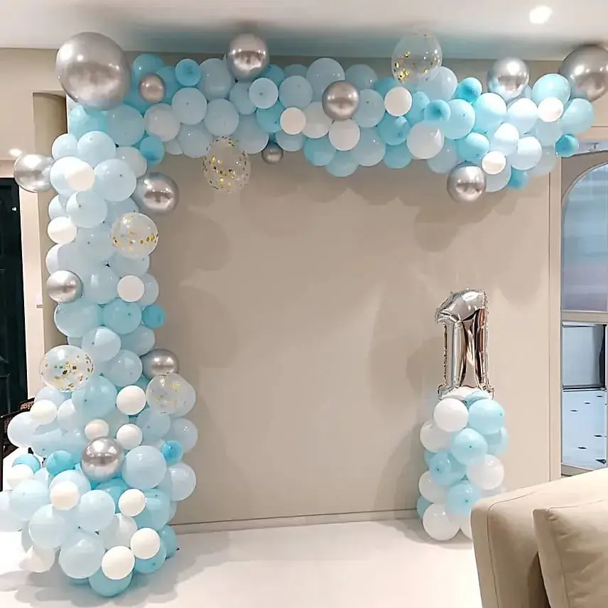 balloon decoration Blue white silver Birthday semi balloon decoration